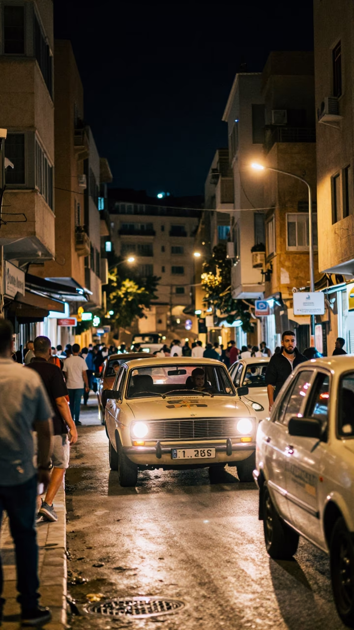 Late Night Beirut Street Scene with Vintage Car Rally and Rusty Tile Grout Details in in Beirut, Lebanon