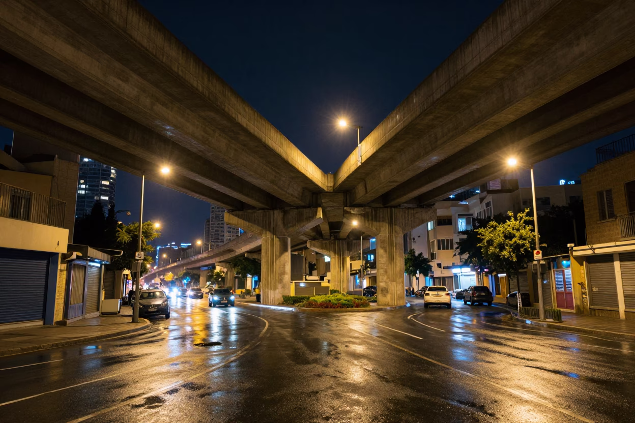 Late Night Beirut Street Scene with Vintage Overpass and Urban Elements in in Beirut, Lebanon