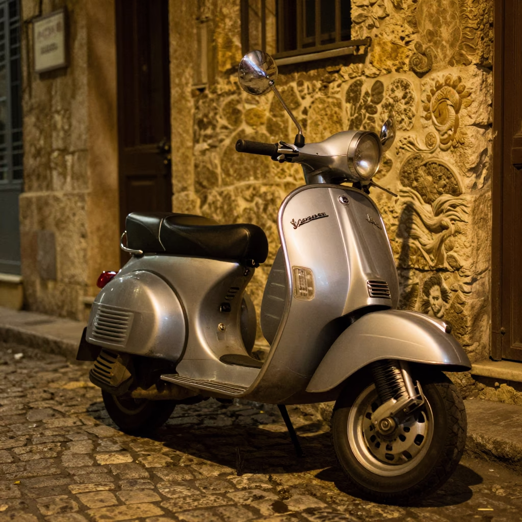 Late Night Beirut Street Scene with Vintage Vespa and Local Nightlife in in Beirut, Lebanon