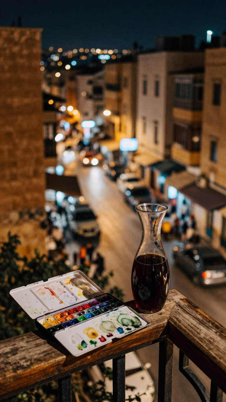 Late Night Beirut Street Scene with Watercolor Palette and Carafe on Balcony in in Beirut, Lebanon