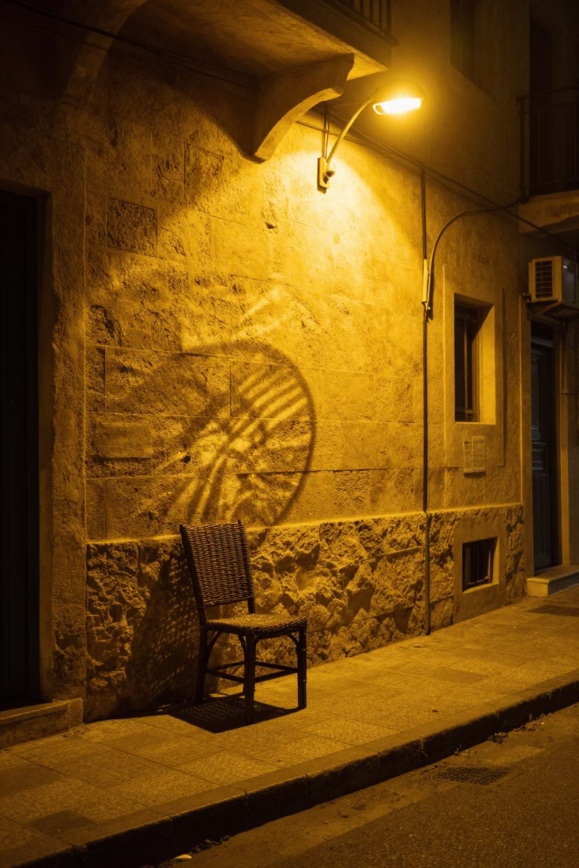 Late Night Beirut Street Scene with Wicker Shadow and Soap Residue on Lamp Base in in Beirut, Lebanon