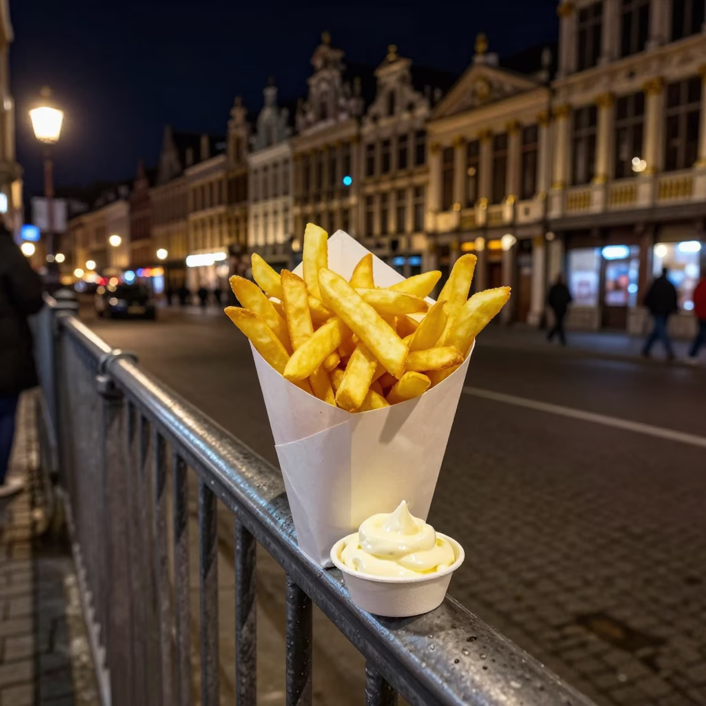 Late Night Belgian Frites and Mayonnaise at a Brussels Street Corner with Highway Flyover in in Brussels, Belgium
