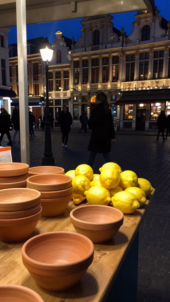 Late Night Belgian Street Scene with Terracotta Bowls and Lemon Stalls in Brussels in in Brussels, Belgium