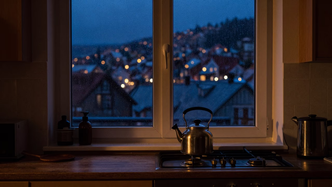 Late Night Bergen Kitchen Window View with Tea Kettle and Iron Deadbolt in in Bergen, Norway