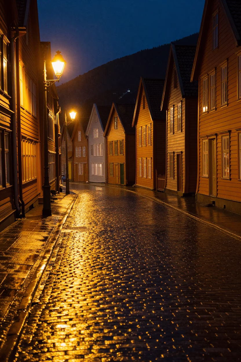 Late Night Bergen Norway Cobblestone Street with Sodium Streetlights and Wet Pavement Reflections in in Bergen, Norway