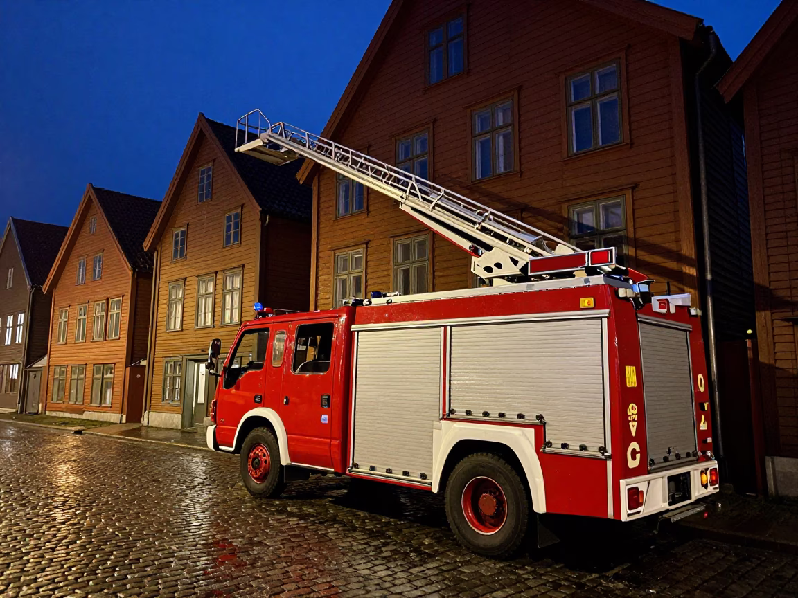 Late Night Bergen Norway Fire Engine Ladder Extended at Building Exterior in in Bergen, Norway