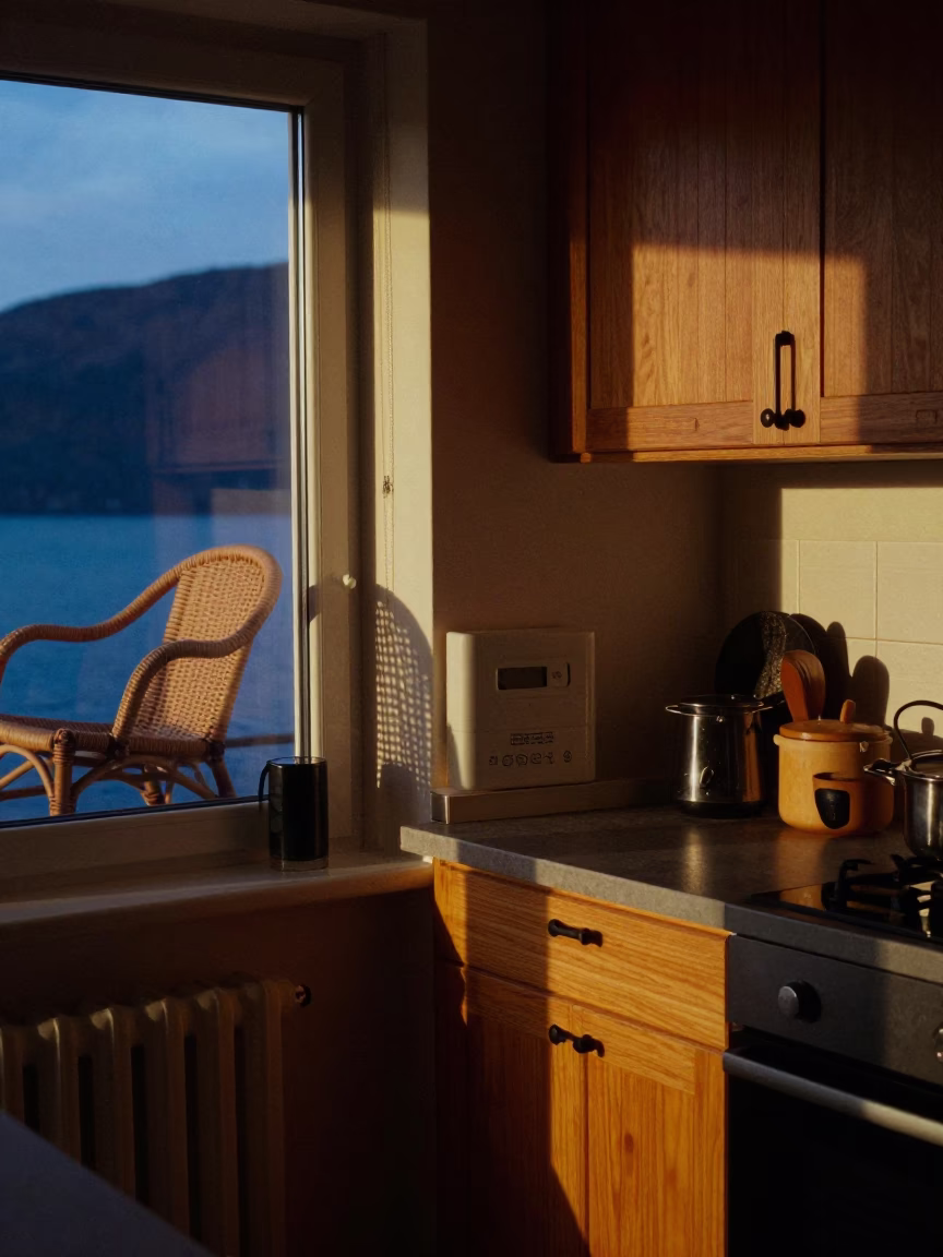 Late Night Bergen Norway Kitchen Interior with Wicker Shadow and Grease Sheen in in Bergen, Norway