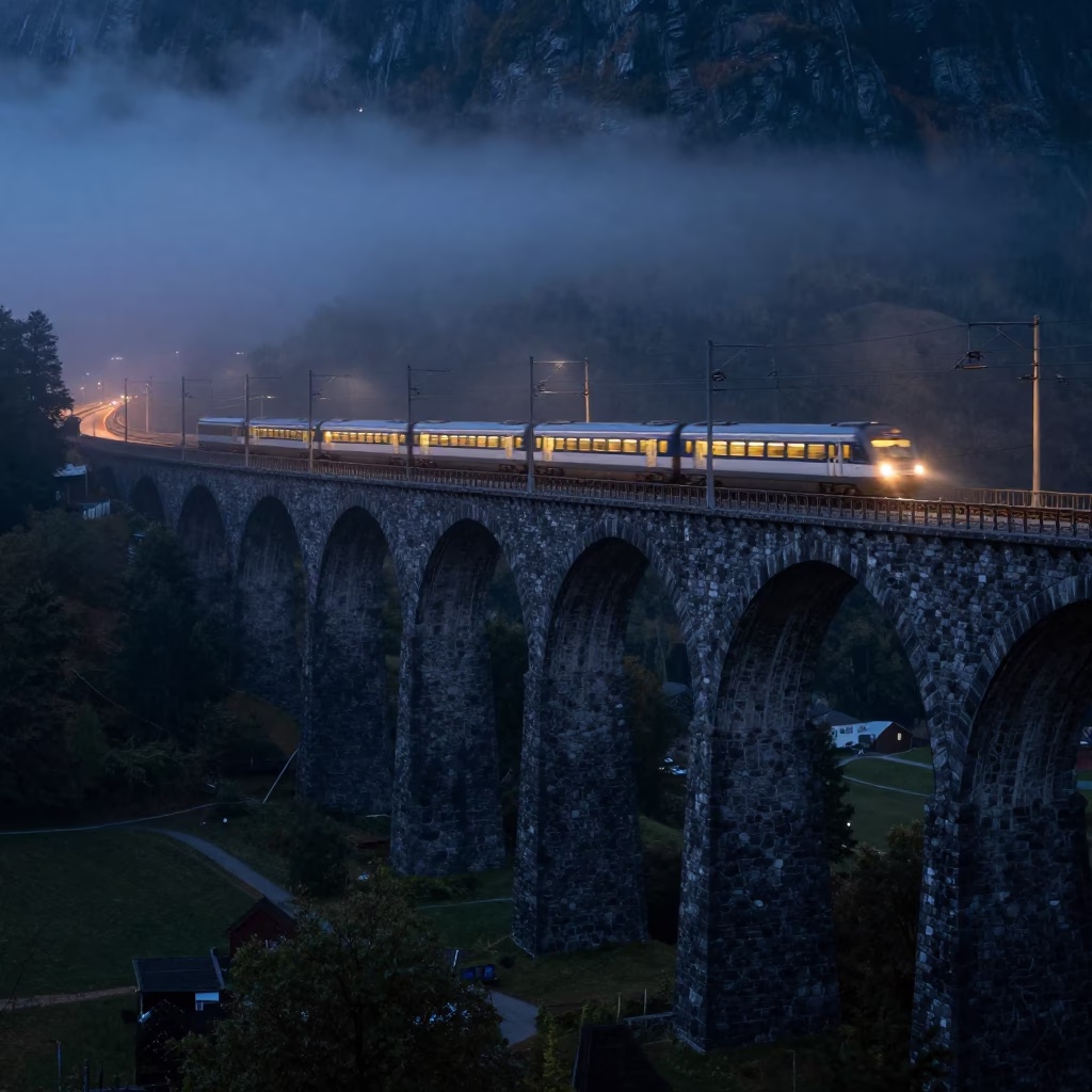 Late Night Bergen Norway Railway Viaduct with Passing Train and Industrial Fog Catenary System in in Bergen, Norway