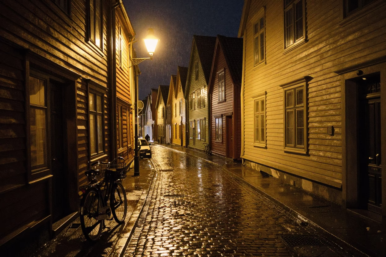 Late Night Bergen Norway Street Scene with Bicycle Basket and Cobblestone Alley in in Bergen, Norway