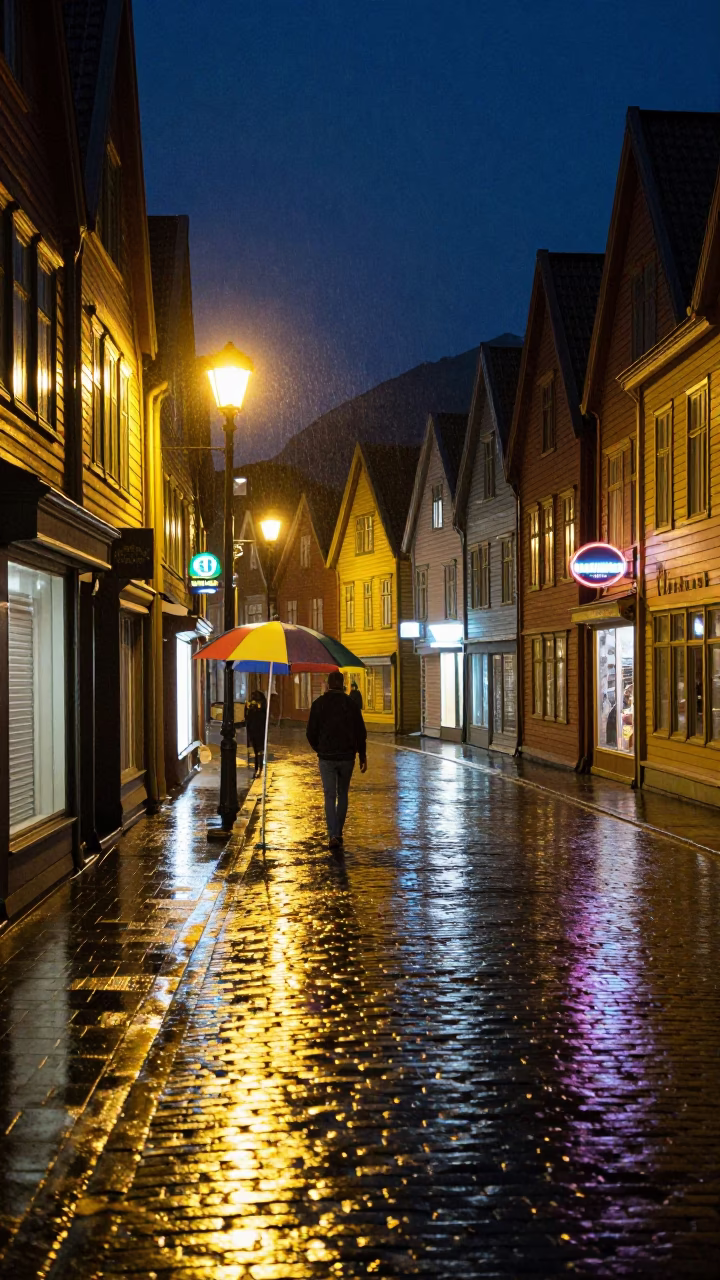 Late Night Bergen Norway Street Scene with Colorful Umbrellas and Cobblestones in in Bergen, Norway