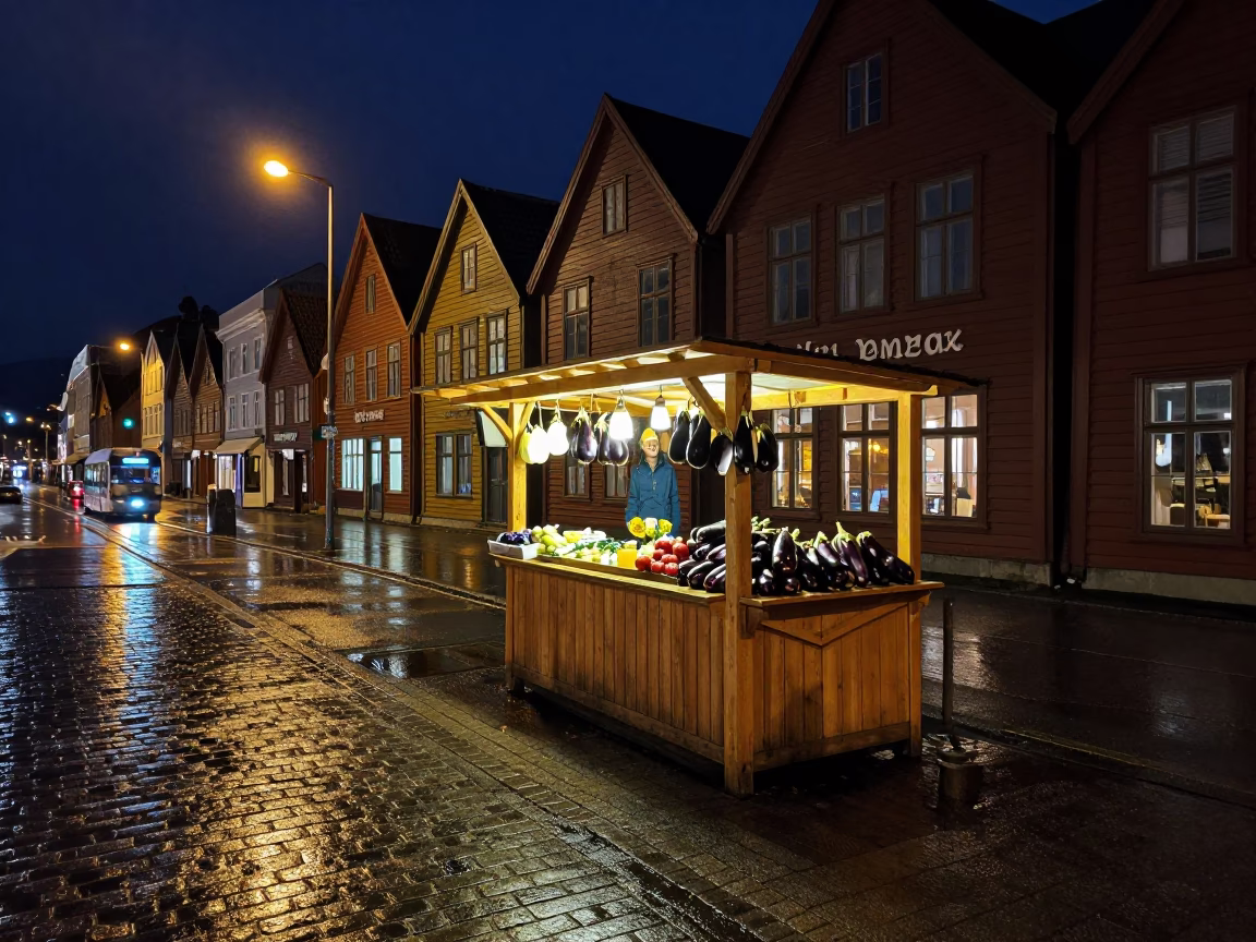 Late Night Bergen Norway Street Scene with Eggplants and Local Market Stall in in Bergen, Norway