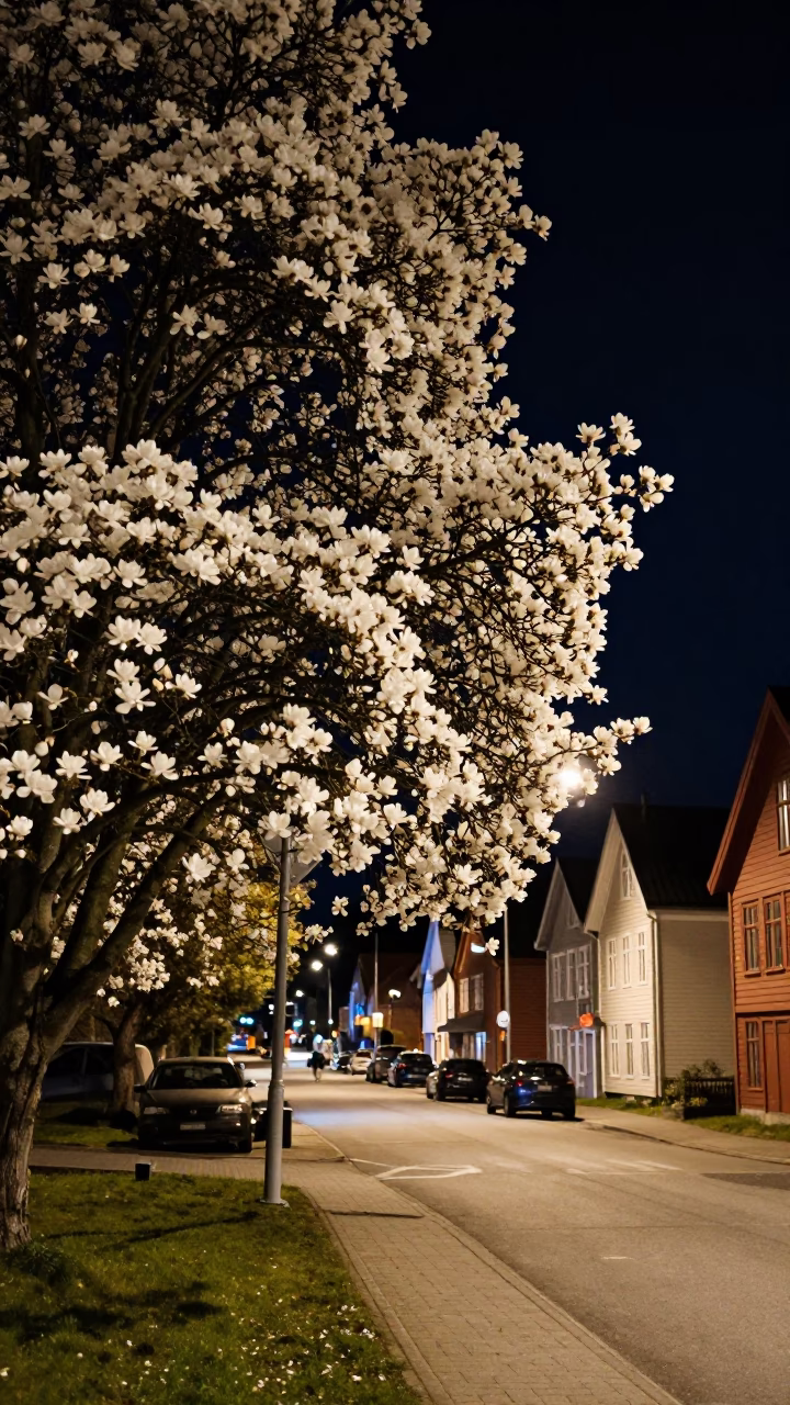 Late Night Bergen Norway Street Scene with Magnolia Tree and Traditional Houses in in Bergen, Norway