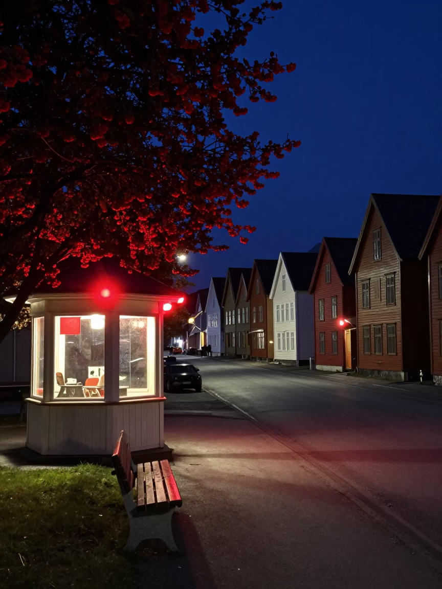 Late Night Bergen Norway Street Scene with Red Berry and Commuter Train in in Bergen, Norway
