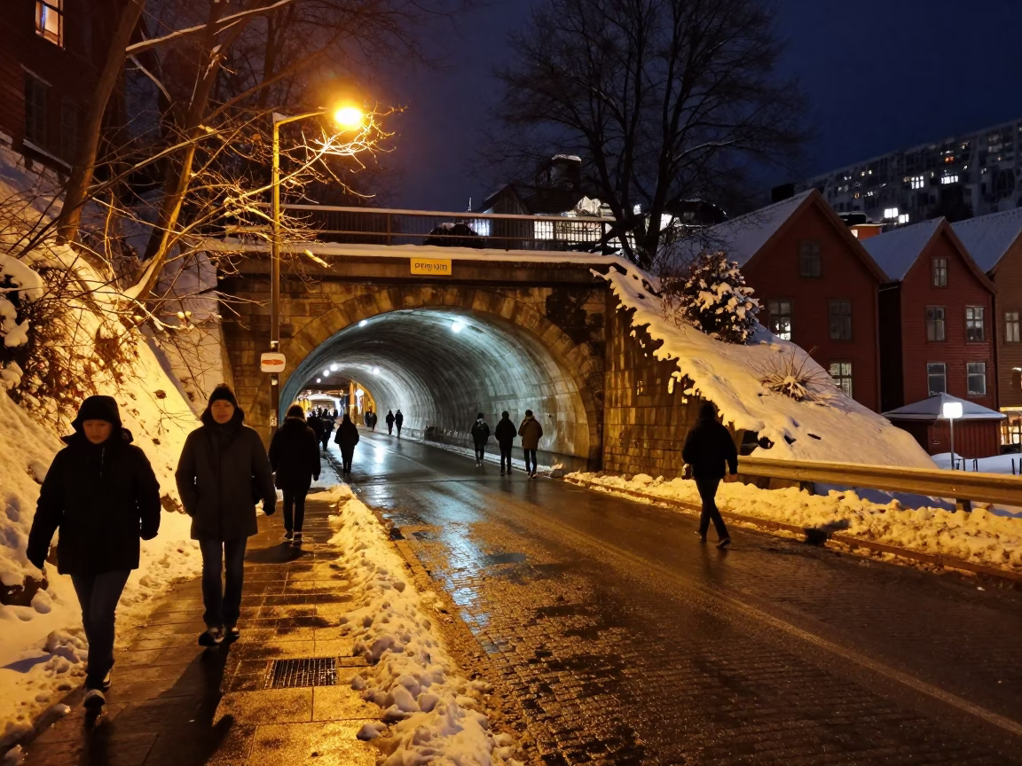 Late Night Bergen Norway Street Scene with Snow Tunnel and Sodium Lights in in Bergen, Norway
