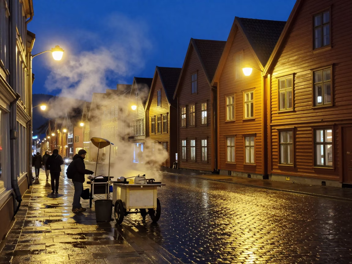 Late Night Bergen Norway Street Scene with Steam Haze and Violin in in Bergen, Norway