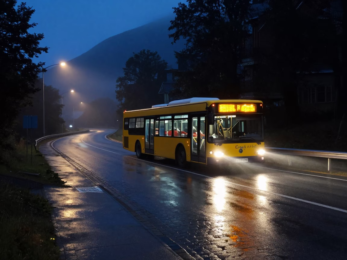 Late Night Bergen Norway Street Scene with Traditional Bus and Wet Cobblestones in in Bergen, Norway