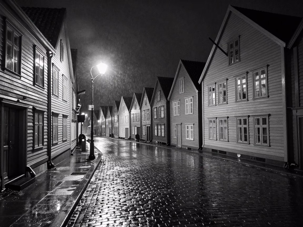 Late Night Bergen Norway Street Scene with Vintage 1960s Aesthetic and Local Atmosphere in in Bergen, Norway
