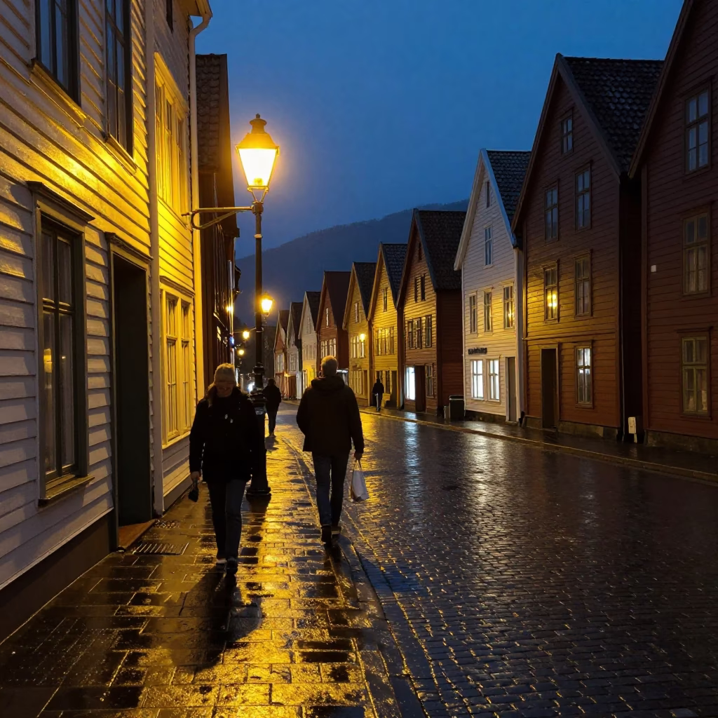 Late Night Bergen Norway Street Scene with Vintage 1970s Aesthetic and Urban Elements in in Bergen, Norway