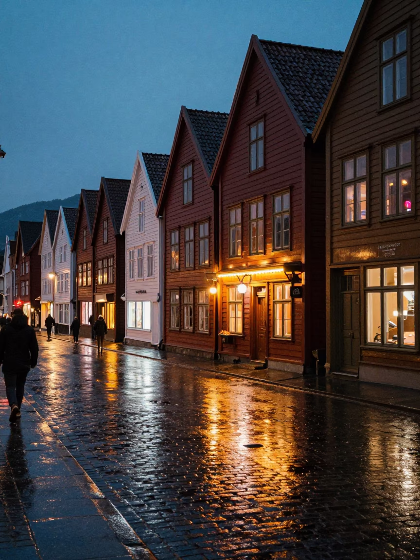 Late Night Bergen Norway Street Scene with Wet Pavement and Neon Reflections in in Bergen, Norway