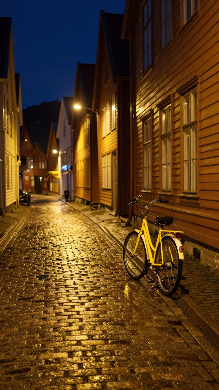 Late Night Bergen Norway Street Scene with Yellow Bicycle and Wet Cobblestones in in Bergen, Norway