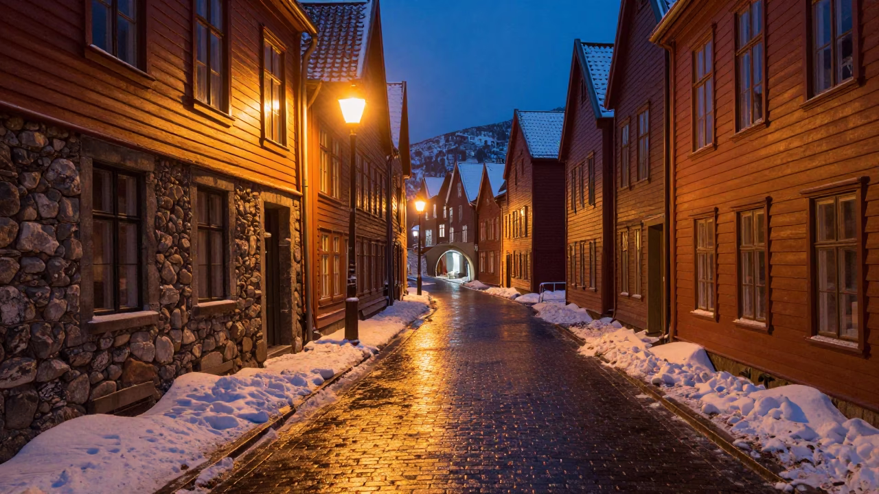 Late Night Bergen Norway Tunnel Portal Snow Sodium Lights Realistic Street Scene in in Bergen, Norway