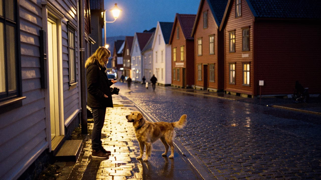 Late Night Bergen Street Scene with Flat-Coated Retriever and Local Cafe Interaction in in Bergen, Norway