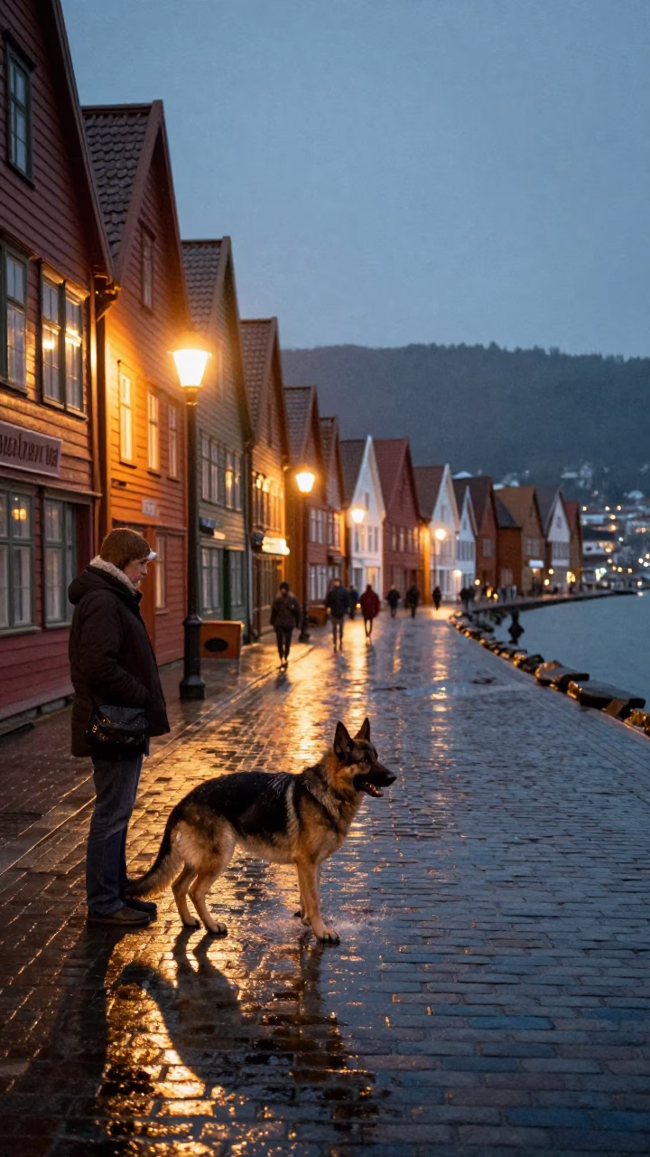 Late Night Bergen Street Scene with German Shepherd and Vintage Details in in Bergen, Norway