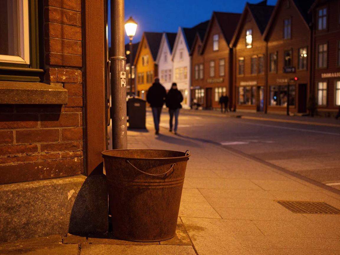 Late Night Bergen Street Scene with Metal Bucket and Vintage SUV in in Bergen, Norway