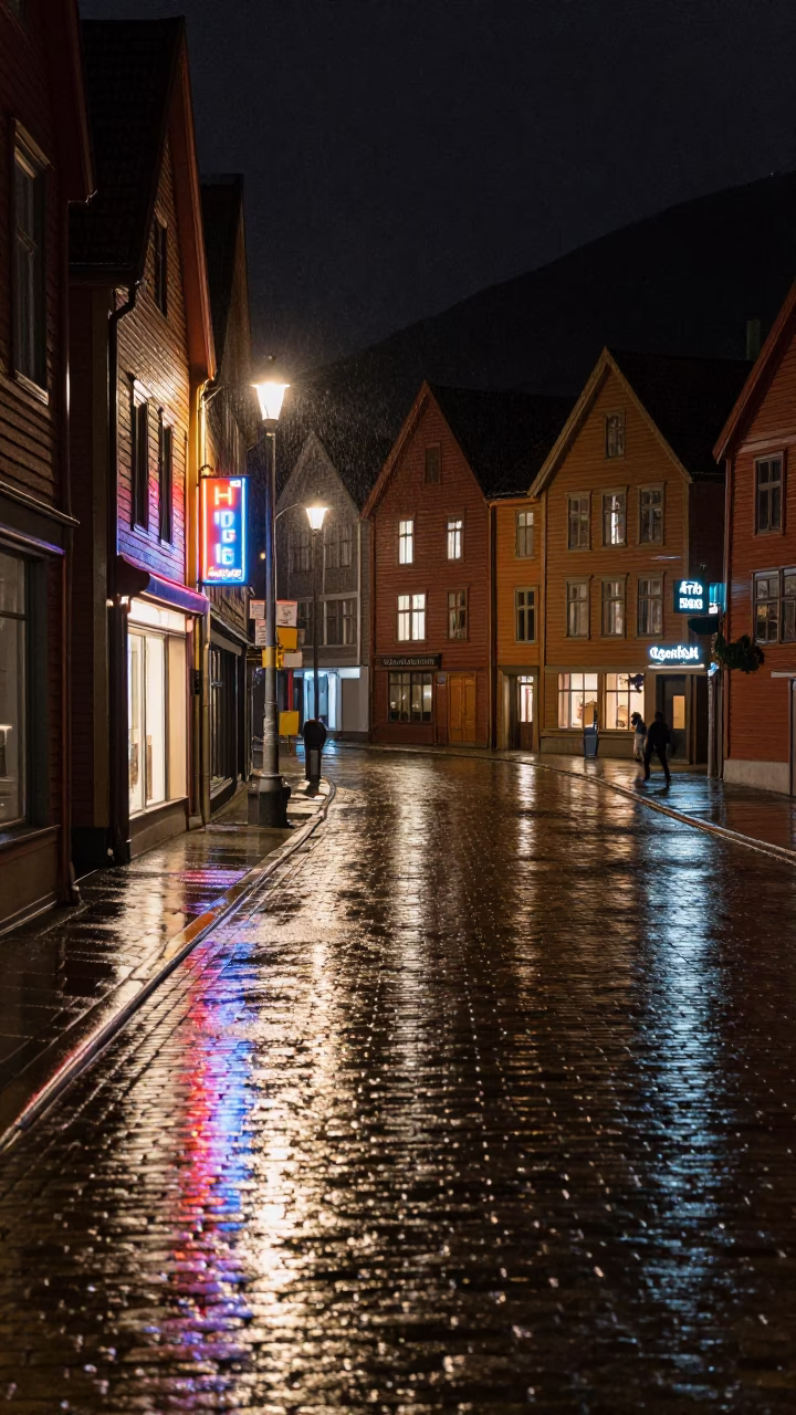 Late Night Bergen Street Scene with Neon Reflections and Urban Details in in Bergen, Norway