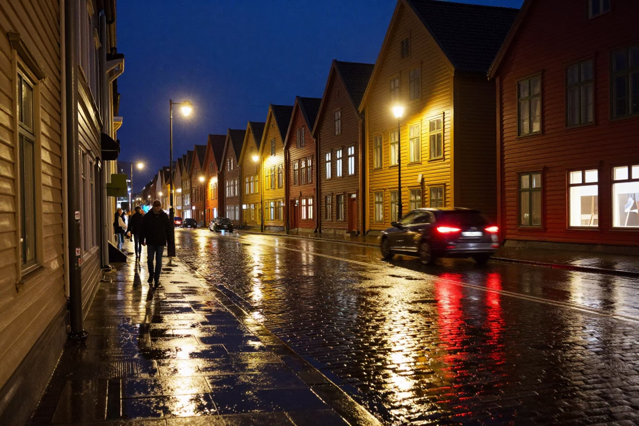 Late Night Bergen Street Scene with Puddle Reflections of Hotel Lights and Tail Lights in in Bergen, Norway