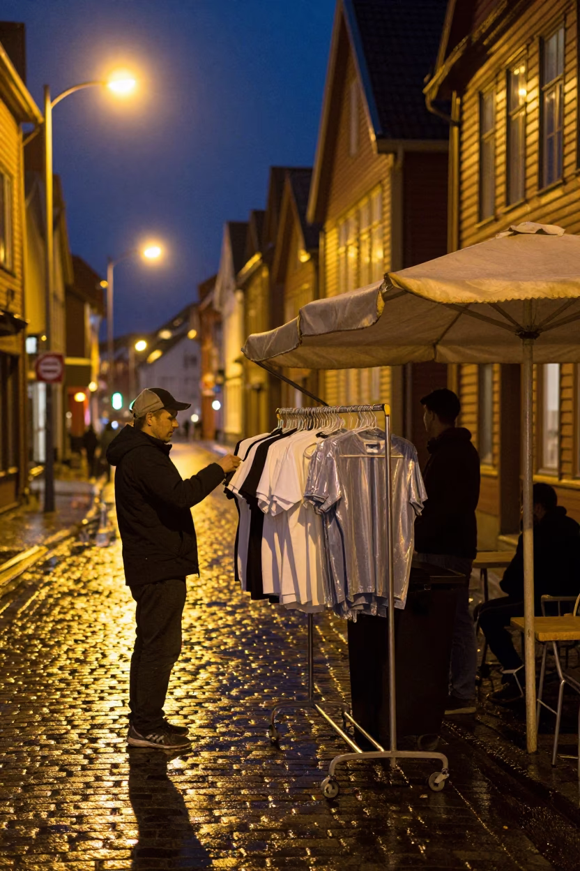 Late Night Bergen Street Scene with Shirt Hanger and Ledger in Norwegian Rain in in Bergen, Norway