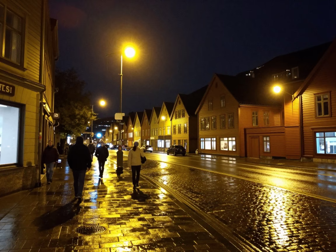 Late Night Bergen Street Scene with Twine and Urban Details in in Bergen, Norway