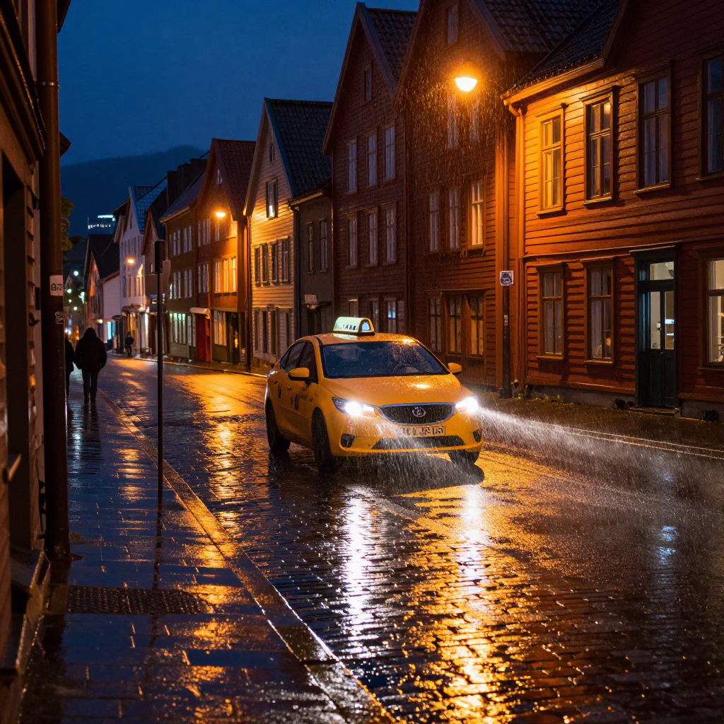 Late Night Bergen Street Scene with Yellow Taxi Rain and Rusty Plaster Wall Details in in Bergen, Norway