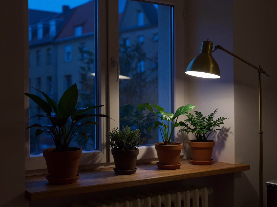 Late Night Berlin Apartment Interior with Houseplants and Brass Drawer Pull in in Berlin, Germany