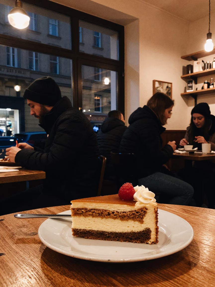 Late Night Berlin Cafe Interior with Sachertorte and Urban Street View in in Berlin, Germany