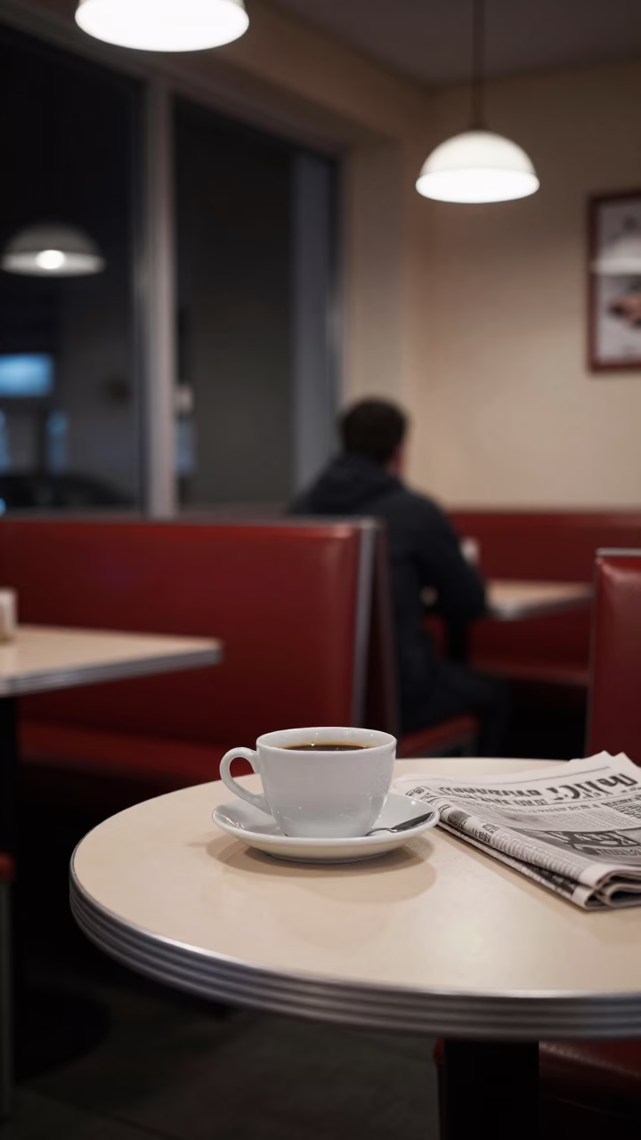 Late Night Berlin Diner Interior with Coffee Cup and Newspaper in in Berlin, Germany