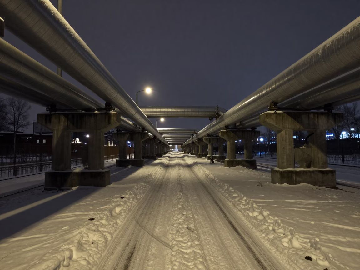 Late Night Berlin District Heating Pipe Corridor Snow Industrial Infrastructure in in Berlin, Germany