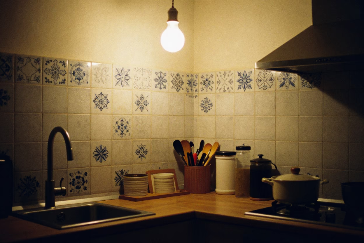 Late Night Berlin Kitchen Scene with Ceramic Tiles and Geraniums in in Berlin, Germany