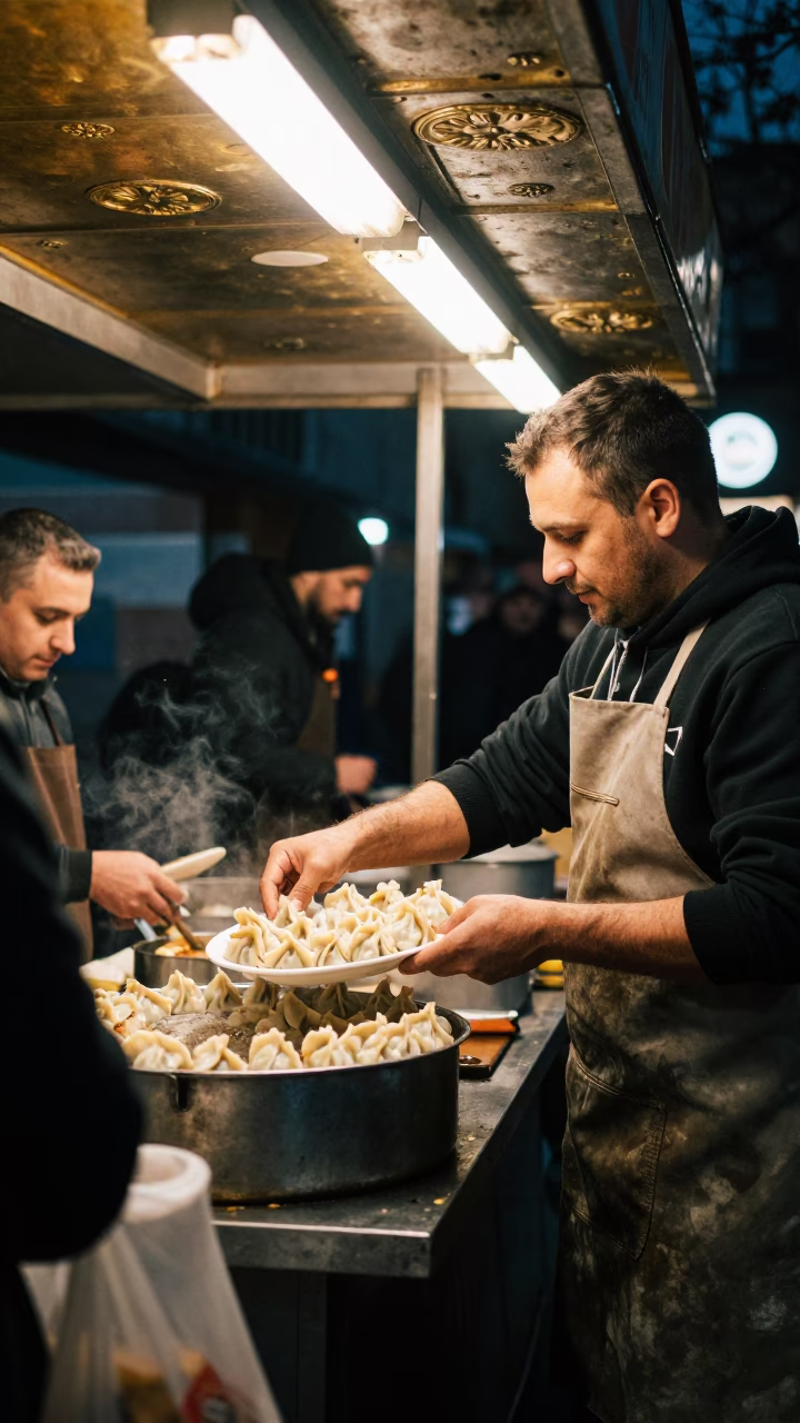 Late Night Berlin Street Food Scene with Brass Escutcheon and Rosemary Sprigs in in Berlin, Germany