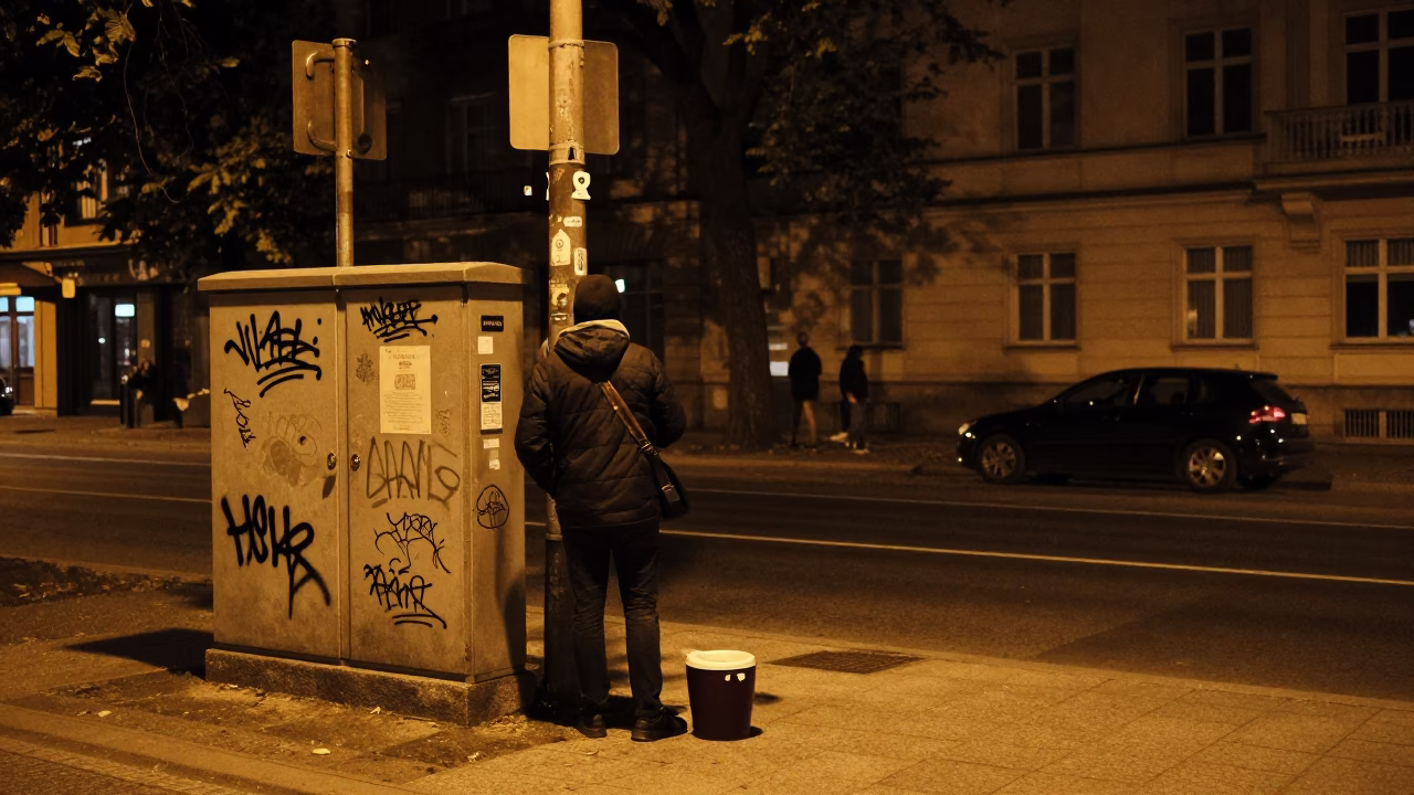 Late Night Berlin Street Scene with Cooler Jug and Apples Under Streetlights in in Berlin, Germany