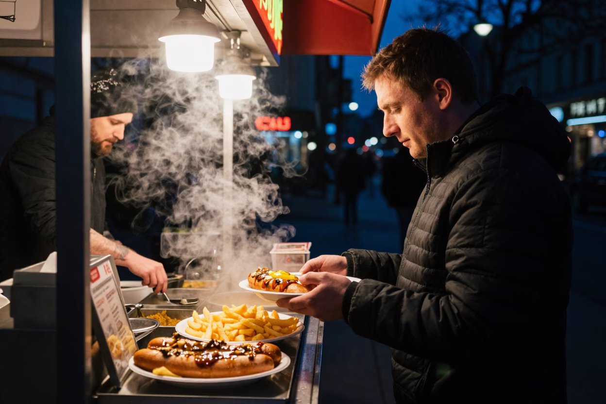 Late Night Berlin Street Scene with Currywurst and Neon Reflections in in Berlin, Germany
