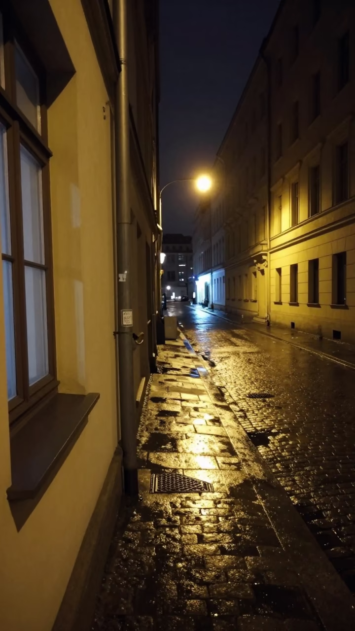 Late Night Berlin Street Scene with Deadbolt and Window Light in in Berlin, Germany