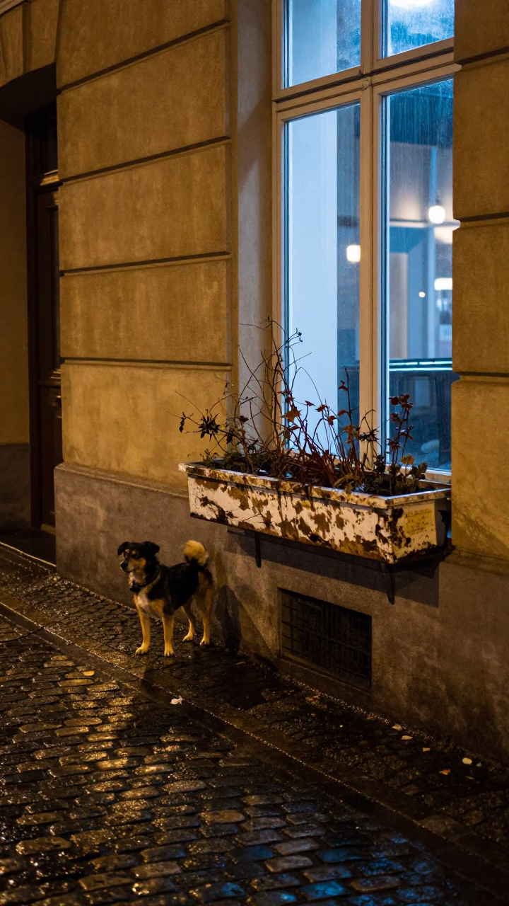 Late Night Berlin Street Scene with Dog and Window Box in in Berlin, Germany
