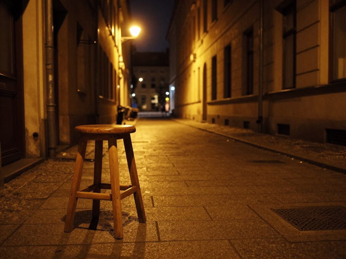 Late Night Berlin Street Scene with Kitchen Stool and Wicker Shadow in in Berlin, Germany