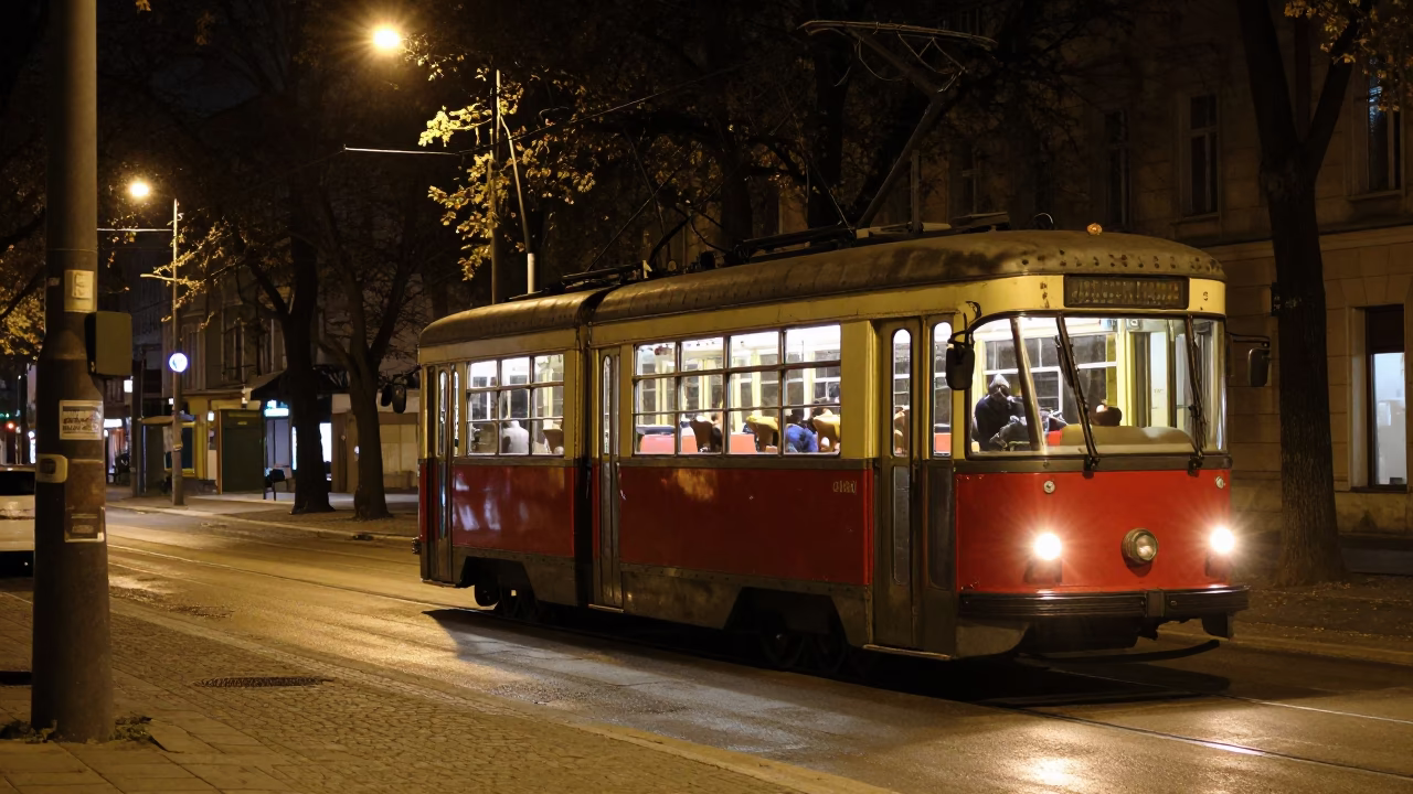 Late Night Berlin Street Scene with Old Trolley and Urban Atmosphere in in Berlin, Germany