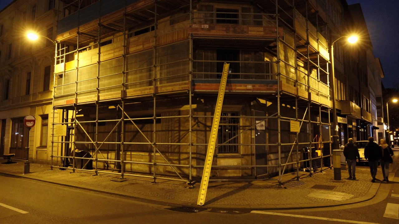 Late Night Berlin Street Scene with Scaffolding and Measuring Tapes in in Berlin, Germany