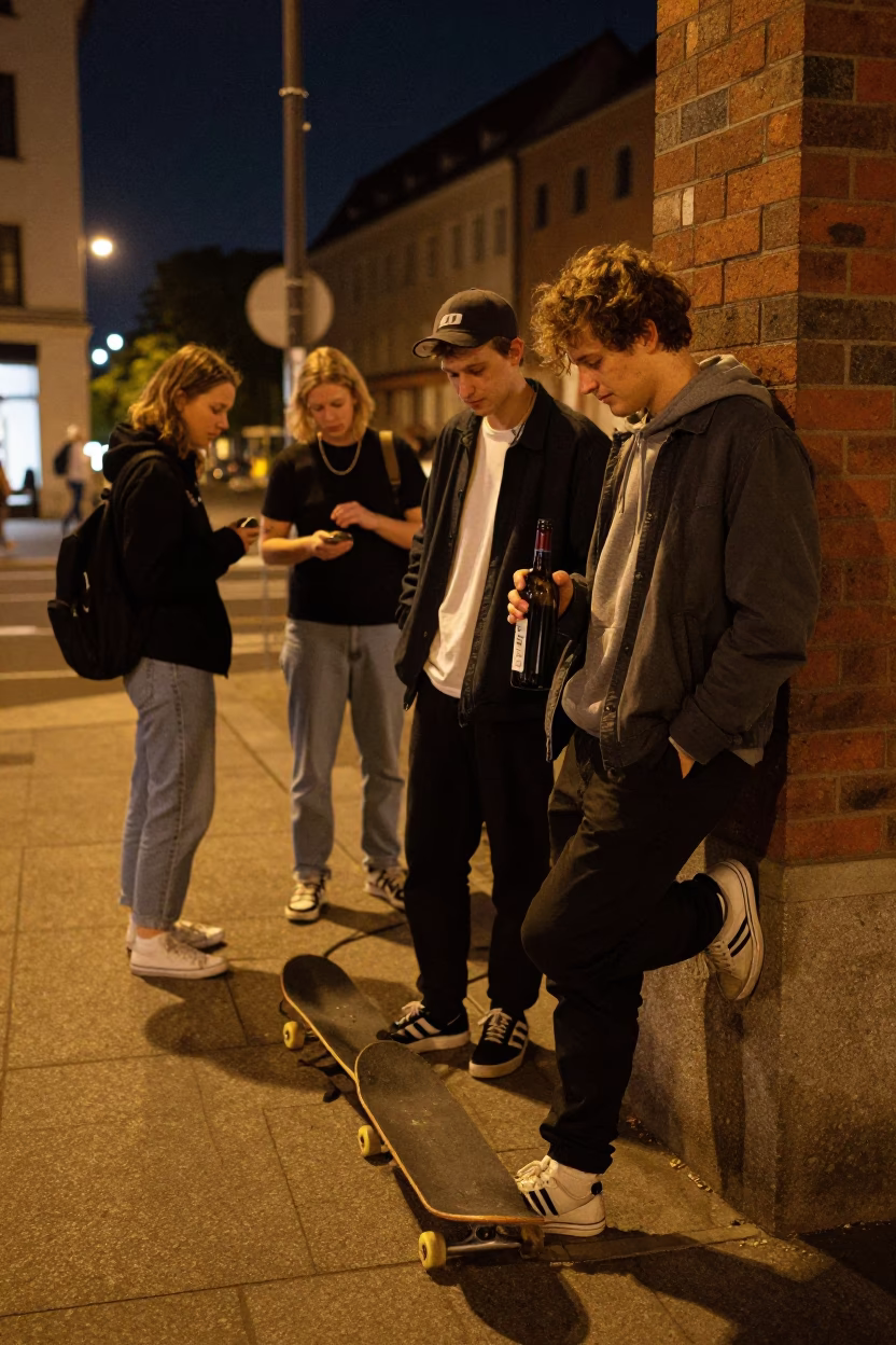 Late Night Berlin Street Scene with Skateboard and Wine Bottle Near U-Bahn Entrance in in Berlin, Germany