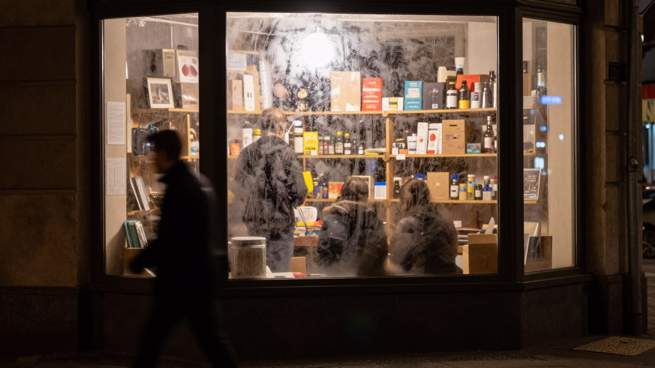 Late Night Berlin Street Scene with Smudged Window Glass and Urban Reflections in in Berlin, Germany