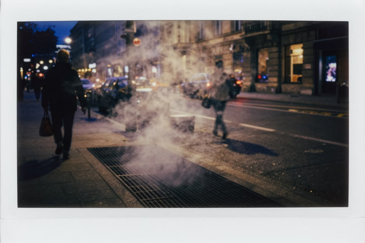Late Night Berlin Street Scene with Steam Haze and Glass Jar Reflections in in Berlin, Germany