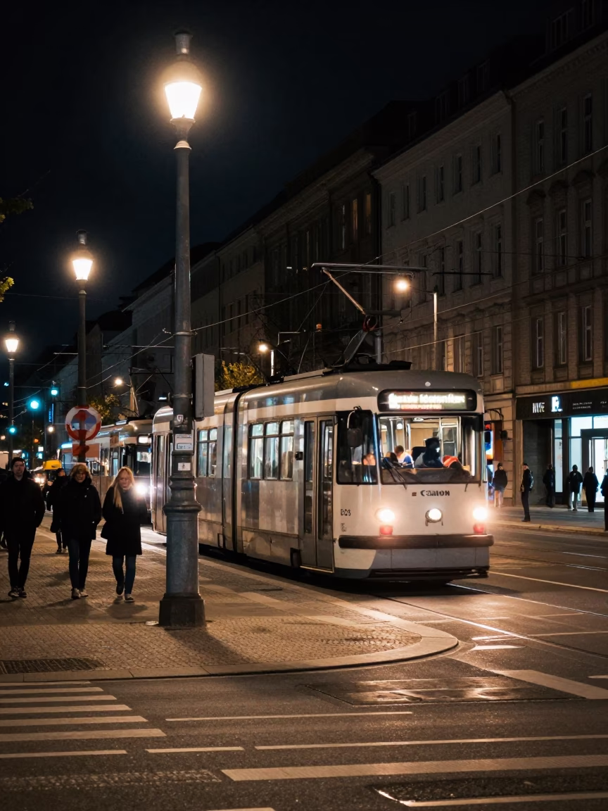 Late Night Berlin Street Scene with Tram and Neon Lights in in Berlin, Germany